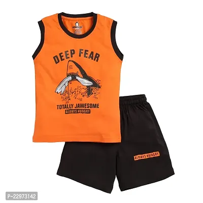 Kids Cute Trendy Sleeveless T-Shirt and Shorts for Boys Baby Kid  Casual Cotton Clothing Set | Orange  Black