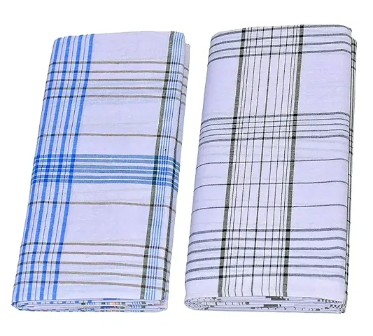 TUNI MANI Fancy Checked Men's Stitched Polycotton Lungi, 2.10mtr, Free Size (Pack of 2) | White