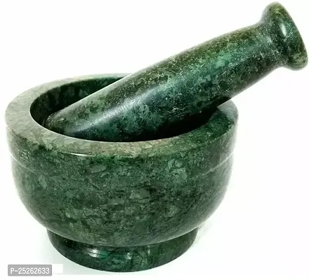 Green Marble Round Shape Medicine Herb Crusher/Imam Dasta/Mortar And Pestle Set/Ohkli (4 Inch) Diameter-thumb0