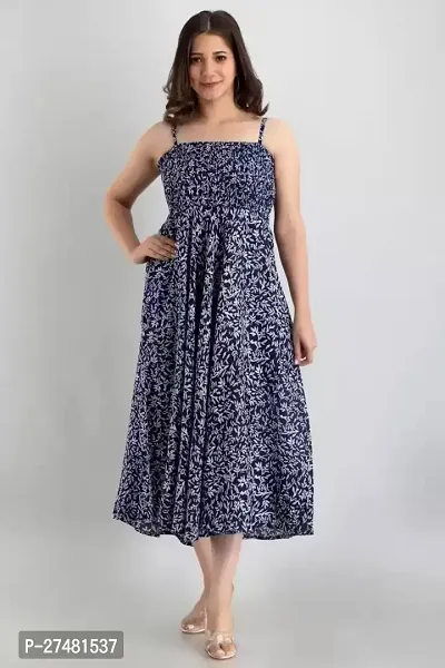 Women Fit and Flare Blue, White Dress-thumb2