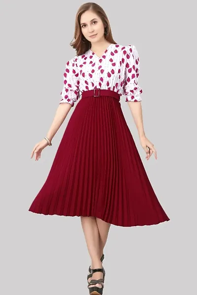 Floral Shirt Collar Pleated Fit Flare Midi Dress