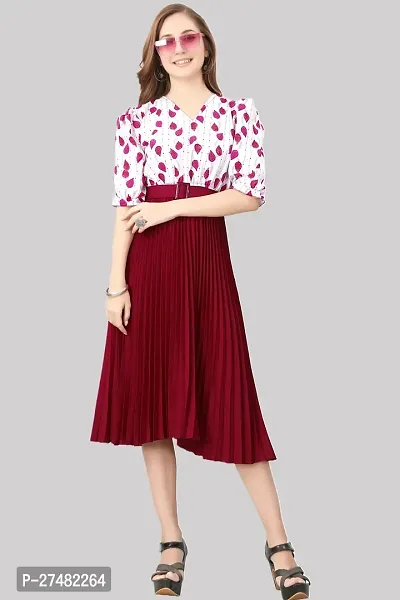 Floral Printed Shirt Collar Pleated Fit  Flare Midi Dress-thumb4