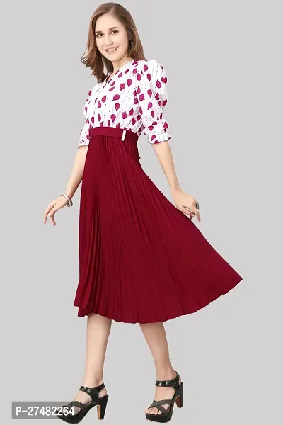 Floral Printed Shirt Collar Pleated Fit  Flare Midi Dress-thumb2