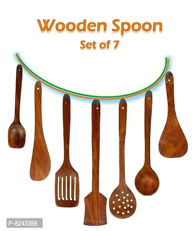 Wooden Cooking Utensil Set Non-Stick Pan Kitchen Tool Spoon Set of 7 (Brown)-thumb3