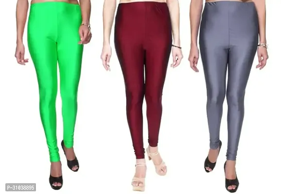 Stylish Multicoloured Satin Solid Leggings For Women Pack Of 3-thumb0