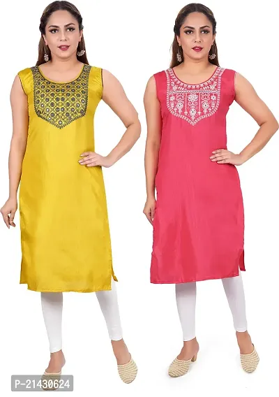 ColorsCube Straight Embroidered Poly Silk Kurta