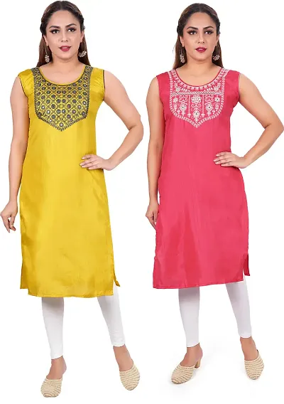 Elegant Poly Silk Embroidered Kurta For Women Combo Of 2