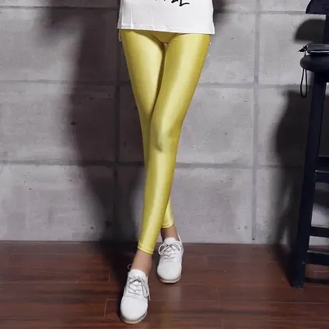 Stylish Cotton Spandex Shiny Solid Leggings