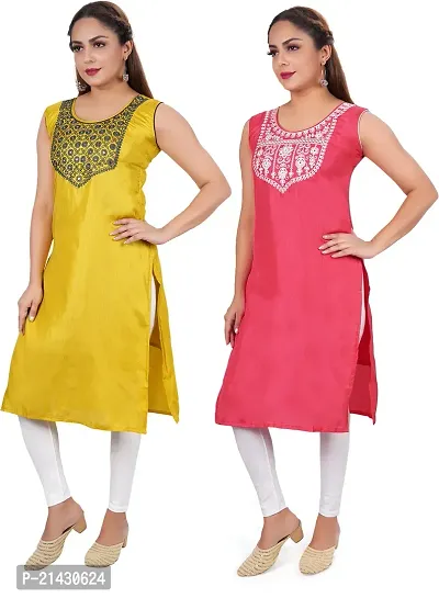 ColorsCube Straight Embroidered Poly Silk Kurta-thumb3