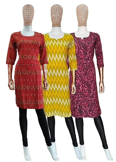 Fancy Multicoloured A-Line Crepe Printed Kurti - Pack of 3