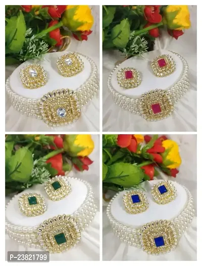 Gold-Plated Layered Necklace Set with Pearl and Cubic Zirconia Details-thumb0