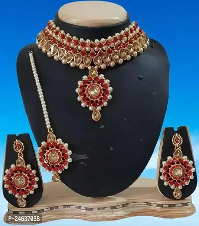 Elegant Stone Gold-Plated Gold Red Jewellery Set-thumb4