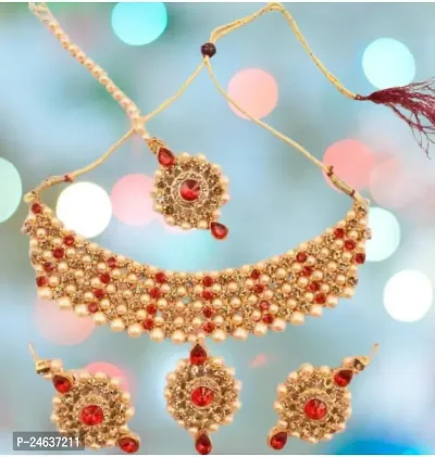 Elegant Brass Gold-Plated Red Jewellery Set-thumb0