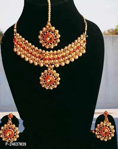 Elegant Mother Of Pearl Gold-Plated Red Jewellery Set