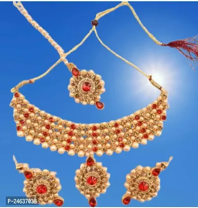 Elegant Stone Gold-Plated Gold Red Jewellery Set