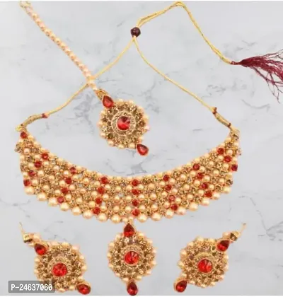 Elegant Stone Gold-Plated Gold Red Jewellery Set