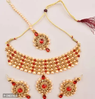 Elegant Mother Of Pearl Gold-Plated Red Jewellery Set-thumb2