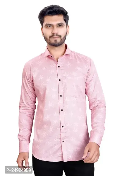 NIRANKARYA Men's Printed Cotton Collared Neck Long Sleeve Casual Shirt (Pink-Medium)-thumb0