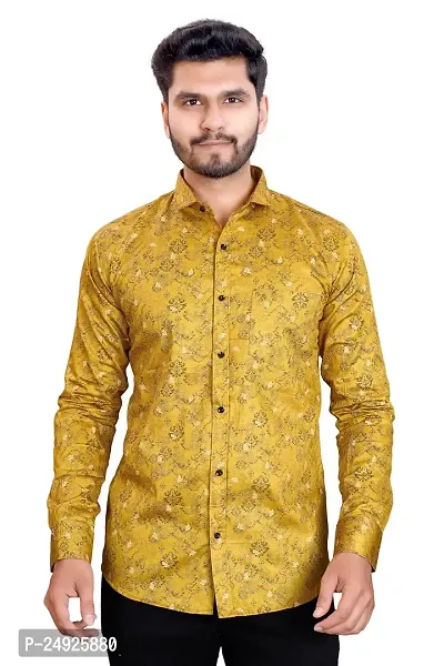 NIRANKARYA Men's Printed Cotton Collared Neck Long Sleeve Casual Shirt (Mustard-X-Large)-thumb0