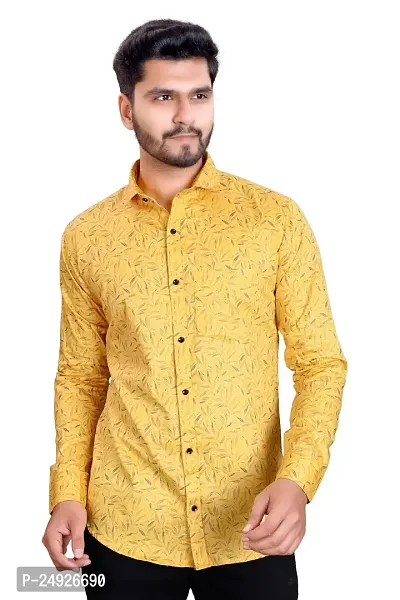 NIRANKARYA Men's Printed Cotton Collared Neck Long Sleeve Casual Shirt (Yellow-Medium)