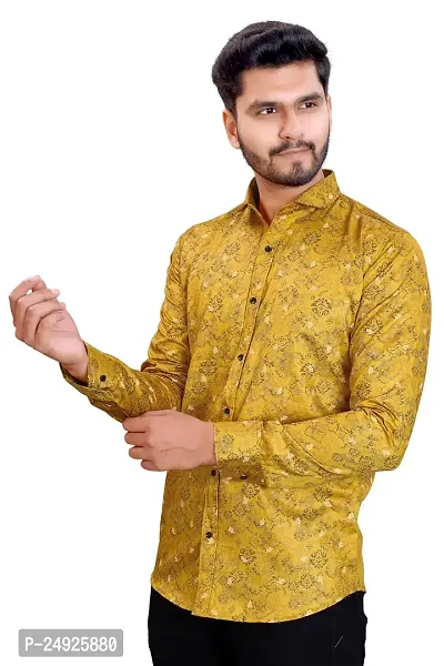 NIRANKARYA Men's Printed Cotton Collared Neck Long Sleeve Casual Shirt (Mustard-X-Large)-thumb2