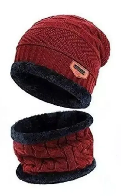 Classy Woolen Beanie Cap with Neck Warmer for Unisex with Gloves