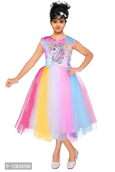 Jhuma Dresses Girls Multi-Pink Color Self Design Unicorn Print Gown (4-5 Years, Multicolor)