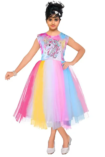 Jhuma Dresses Girls Multi-Pink Color Self Design Unicorn Print Gown (4-5 Years, Multicolor)