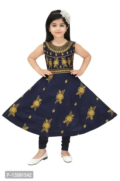 Stylish Navy Blue Rayon Embroidered A-Line Dress For Girl-thumb0