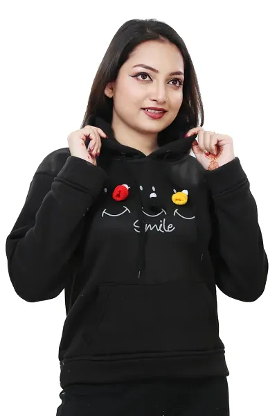 Womens Printed Black Sweatshirt Full Sleeve Hoodie Winter