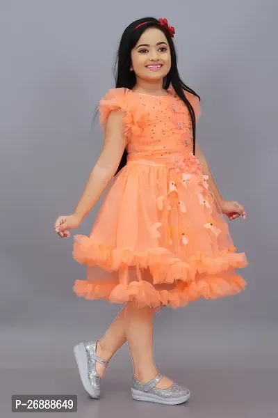 Stylish Orange Net Printed A-Line Dress For Girl-thumb4