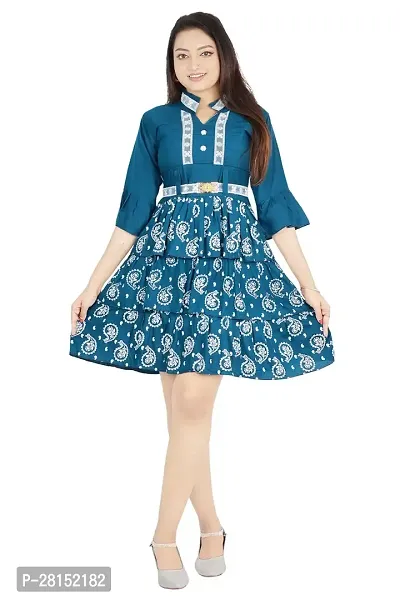 Alluring Blue Rayon Printed A-Line Dress With Attached Belt