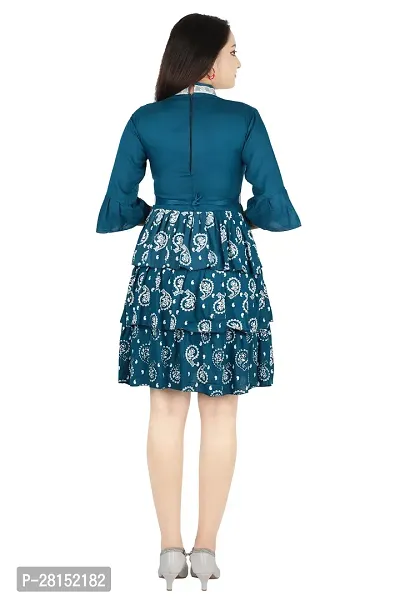 Alluring Blue Rayon Printed A-Line Dress With Attached Belt-thumb3