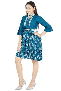 Alluring Blue Rayon Printed A-Line Dress With Attached Belt-thumb3