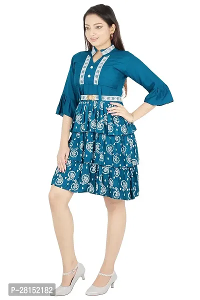 Alluring Blue Rayon Printed A-Line Dress With Attached Belt-thumb4