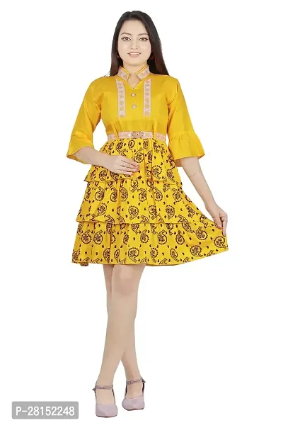 Alluring Yellow Rayon Printed A-Line Dress With Attached Belt