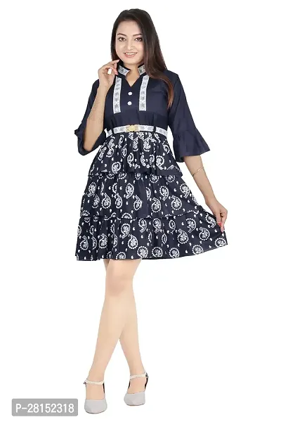 Alluring Navy Blue Rayon Printed A-Line Dress With Attached Belt