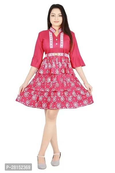 Alluring Pink Rayon Printed A-Line Dress With Attached Belt