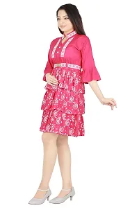 Alluring Pink Rayon Printed A-Line Dress With Attached Belt-thumb2