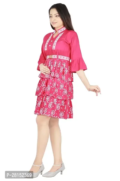 Alluring Pink Rayon Printed A-Line Dress With Attached Belt-thumb3