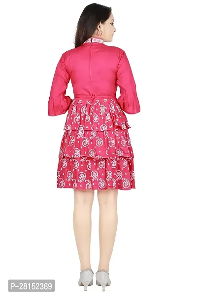 Alluring Pink Rayon Printed A-Line Dress With Attached Belt-thumb4