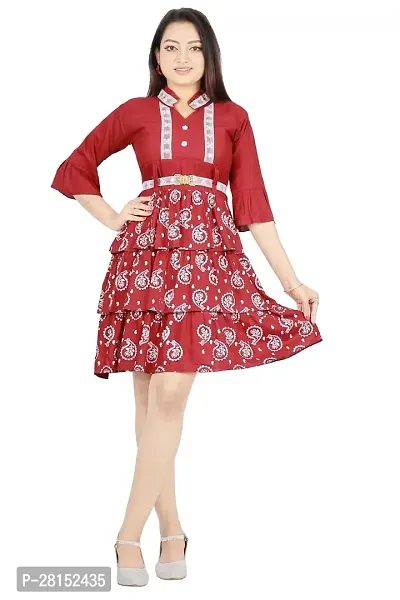Alluring Red Rayon Printed A-Line Dress With Attached Belt