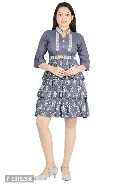Alluring Grey Rayon Printed A-Line Dress With Attached Belt