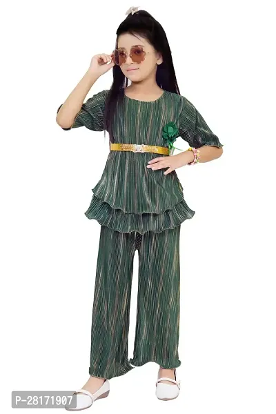 Stylish Green Striped Top With Peplum Pant Clothing Set For Girls
