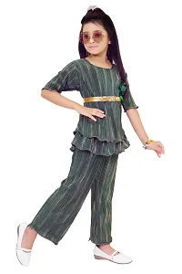 Stylish Green Striped Top With Peplum Pant Clothing Set For Girls-thumb3