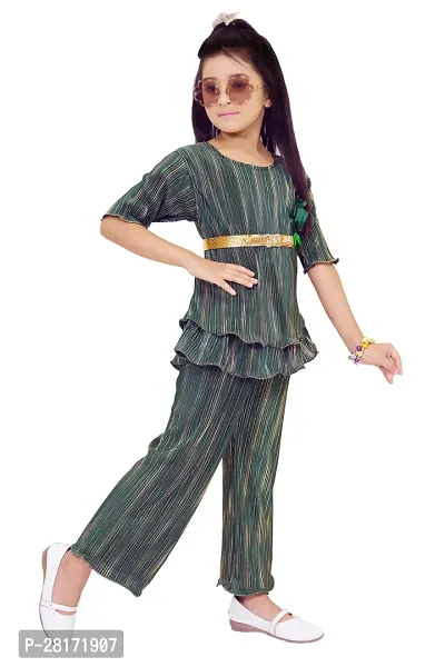 Stylish Green Striped Top With Peplum Pant Clothing Set For Girls-thumb4