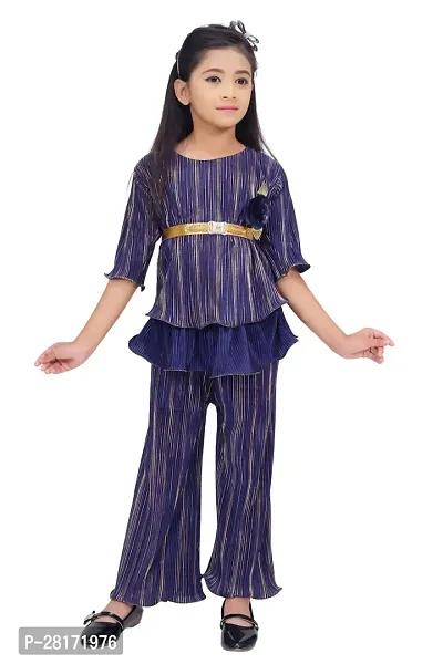 Stylish Navy Blue Striped Top With Peplum Pant Clothing Set For Girls