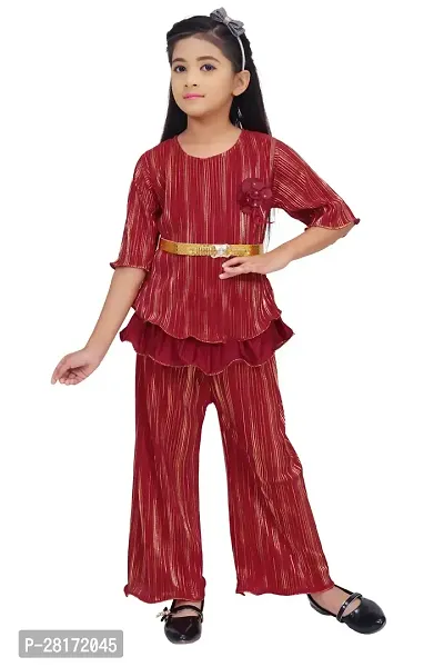 Stylish Maroon Striped Top With Peplum Pant Clothing Set For Girls