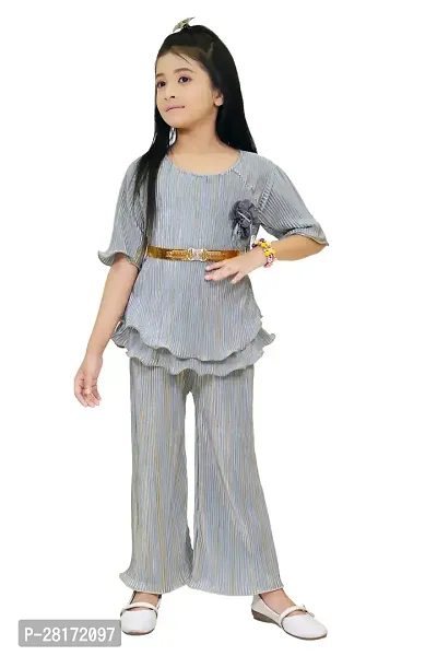 Stylish Grey Striped Top With Peplum Pant Clothing Set For Girls-thumb0