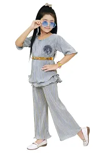 Stylish Grey Striped Top With Peplum Pant Clothing Set For Girls-thumb2